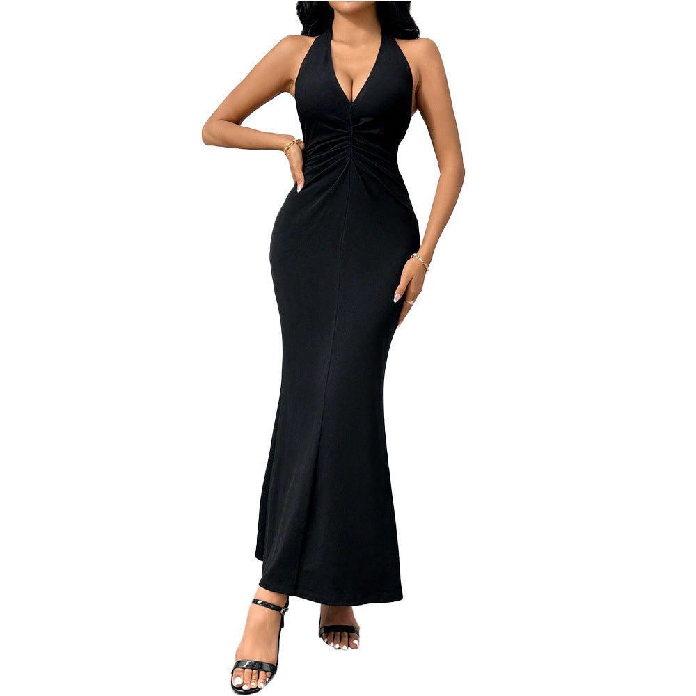 Damen elegantes Wickelkleid mit tiefem V-Ausschnitt und Rüschensaum Drune