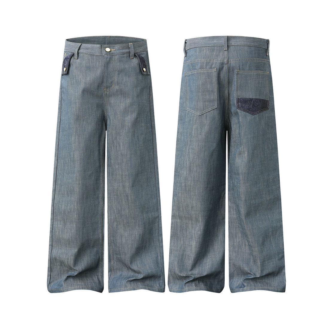 Damen Hochtaillierte weite Jeanshose mit dekorativen Pattentaschen und geradem Bein Drune