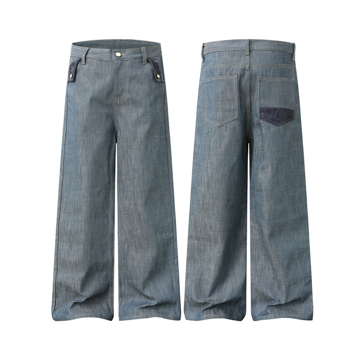 Damen Hochtaillierte weite Jeanshose mit dekorativen Pattentaschen und geradem Bein Drune