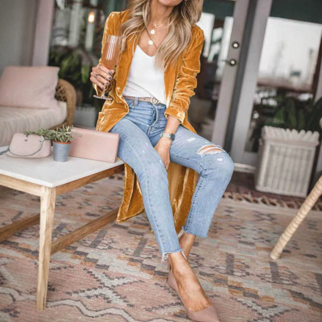 Damen Elegante Veloursjacke mit hohem Kragen Drune