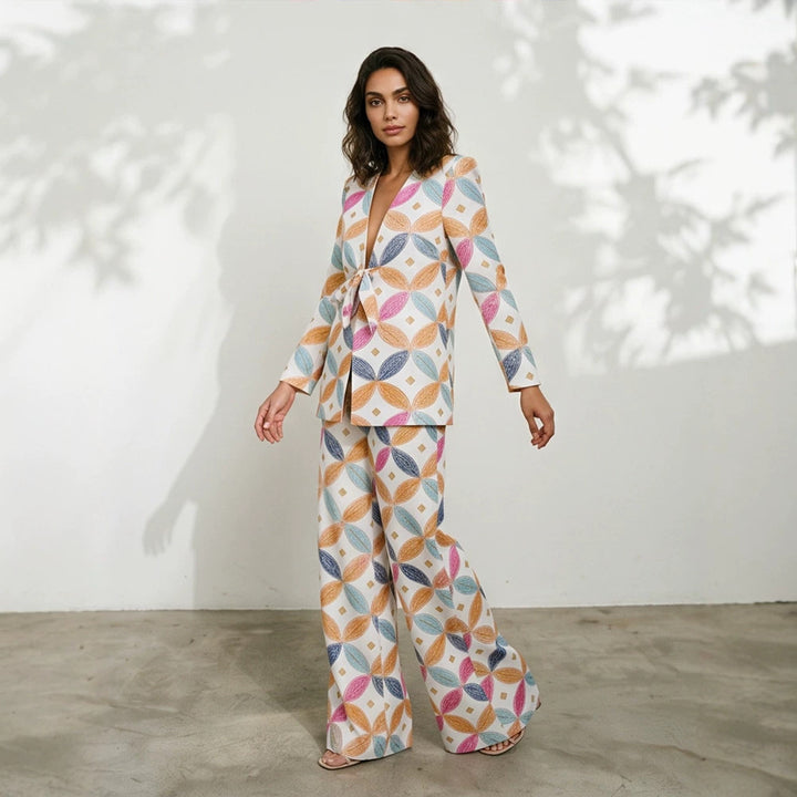 Damen Zweiteiliger Jacquard-Anzug mit Taillenschleife und weitem Bein Drune