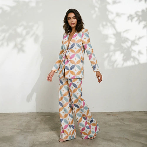 Damen Zweiteiliger Jacquard-Anzug mit Taillenschleife und weitem Bein Drune