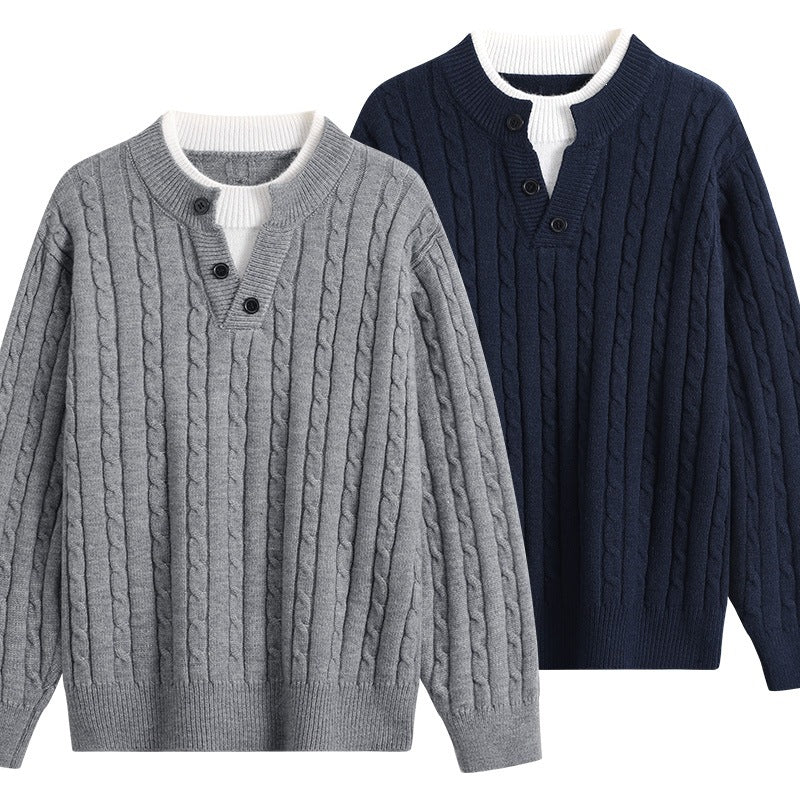 Damen Oversize Zopfstrick-Pullover mit Henley‑Kragen und Kontrastinnenkragen Drune