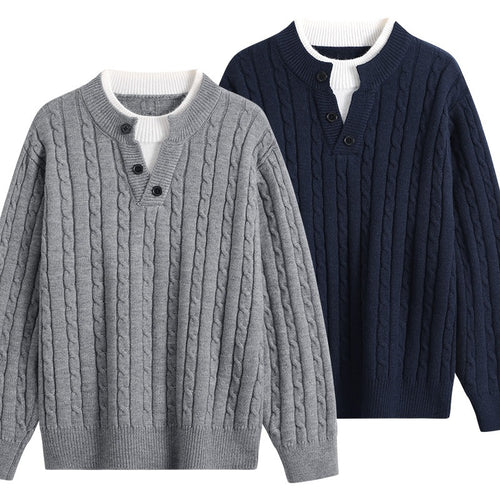 Damen Oversize Zopfstrick-Pullover mit Henley‑Kragen und Kontrastinnenkragen Drune