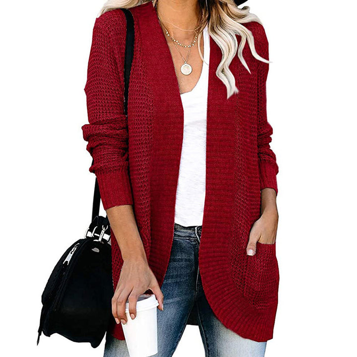 Damen Langer Offener Strickcardigan mit Taschen, Rippbündchen und strukturierter Waffeloptik Drune
