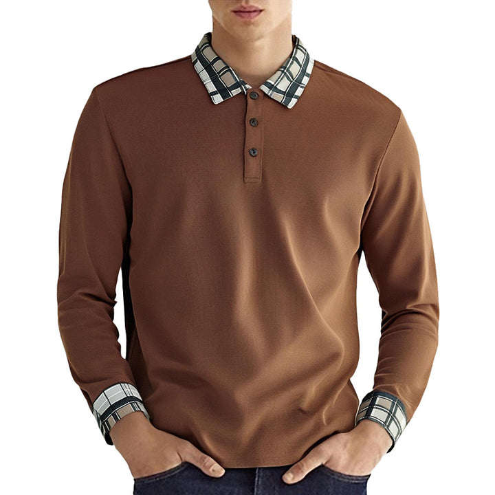 Herren nan figurbetontes Langarm-Poloshirt mit karierter Kragen- und Manschettenbesatz Drune