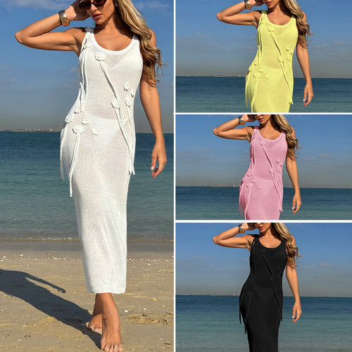Damen Elegantes Strickkleid mit Blumenapplikationen und seitlichem Bindegürtel Drune