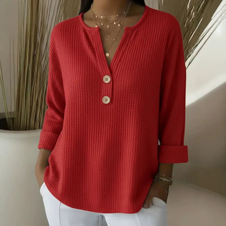 Damen nan Waffelstruktur Henley-Shirt mit V-Ausschnitt kurze Knopfleiste und krempelbaren 3/4-Ärmeln Drune