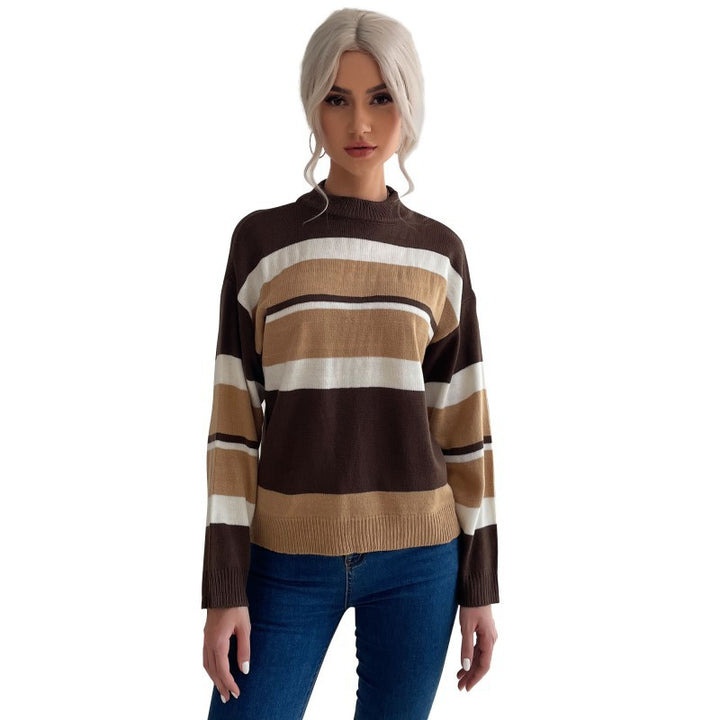 Damen Langärmliger Ringel-Feinstrickpullover mit kurzem Stehkragen und legerer Silhouette Drune
