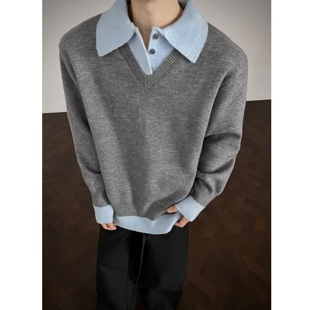 Herren Modischer Strickpullover mit V-Ausschnitt und Kontrastkragen Drune