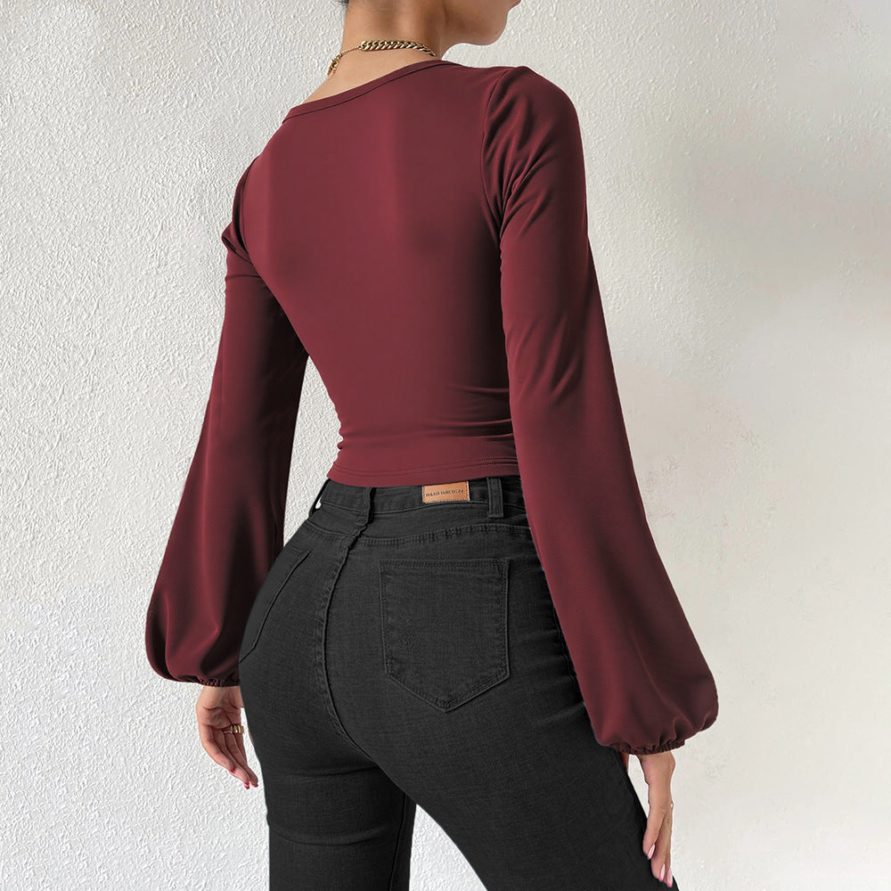 Damen formgebendes Cropped-Top mit quadratischem Ausschnitt und Ballonärmeln Drune
