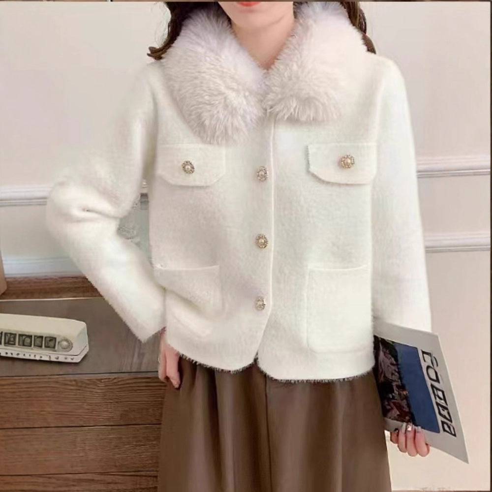 Damen Elegante Kurzjacke mit Kunstfellkragen Drune