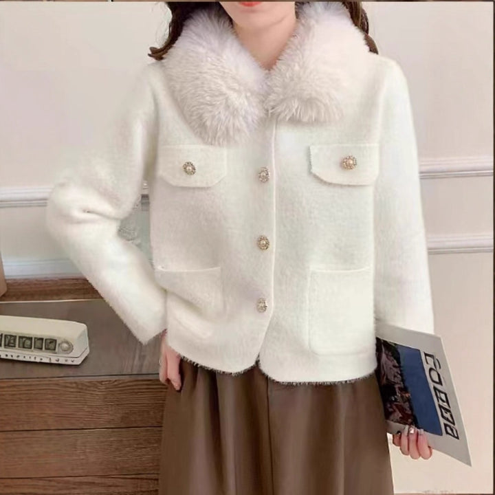 Damen Elegante Kurzjacke mit Kunstfellkragen Drune