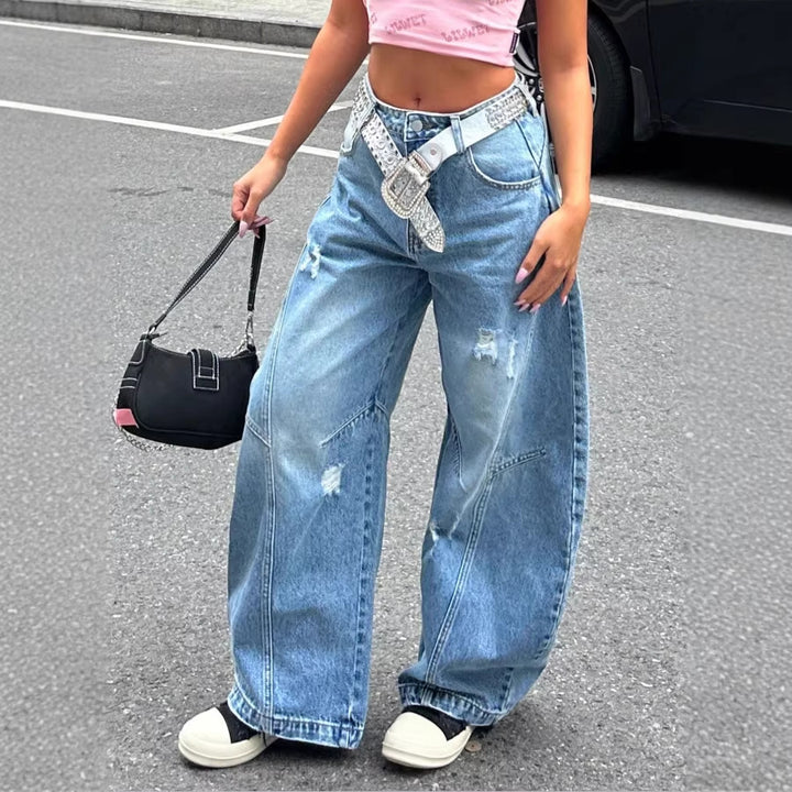 Damen Baggy-Denimhose mit markanten Nahtpaneelen und extra weitem Wide‑Leg Drune