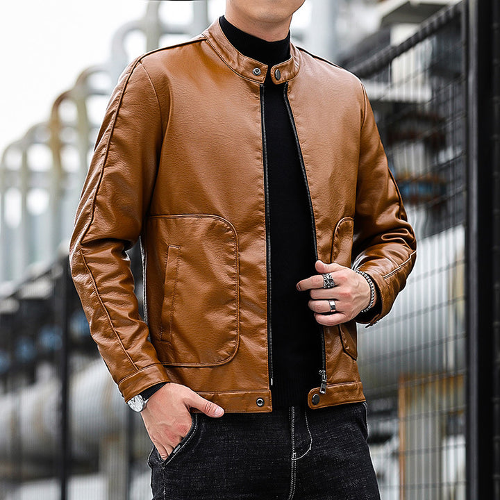 Herren Slim-Fit Kunstlederjacke im Bikerblouson-Stil mit Stehkragen und aufgesetzten Rundtaschen Drune