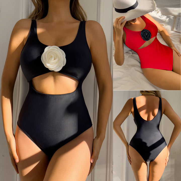 Damen Einteiler Badeanzug mit modischem Cut-Out und dekorativer Blüte Drune