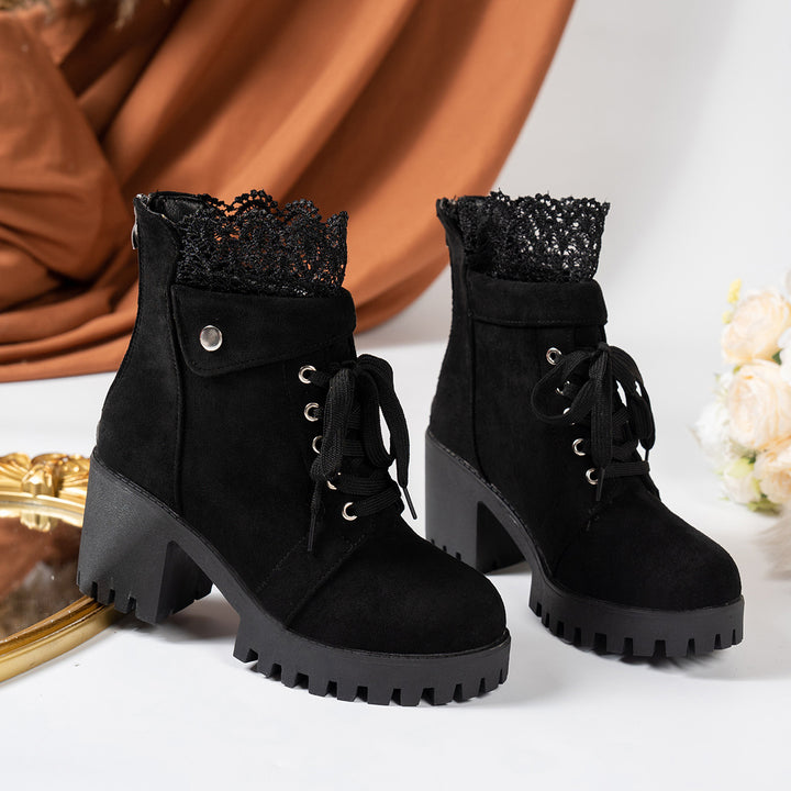 Damen nan Schnürstiefelette mit grober Profilsohle, mittelhohem Blockabsatz und Spitzenkragen Drune