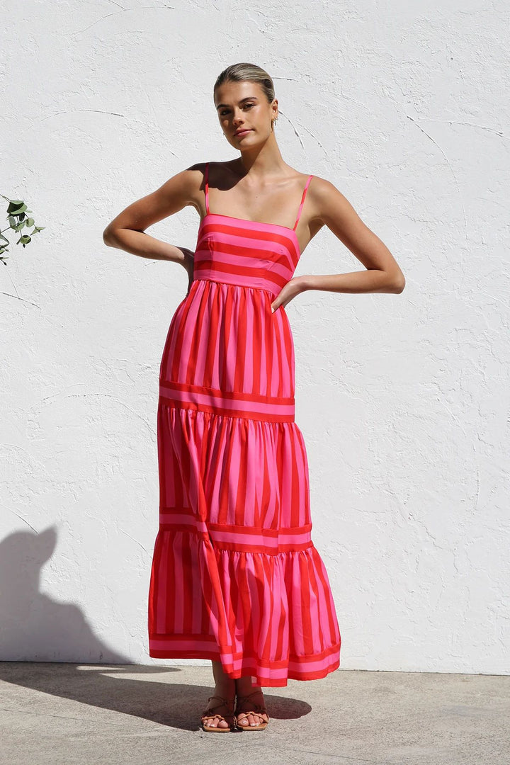Damen Maxikleid mit Streifenmuster und fließendem Rock Drune