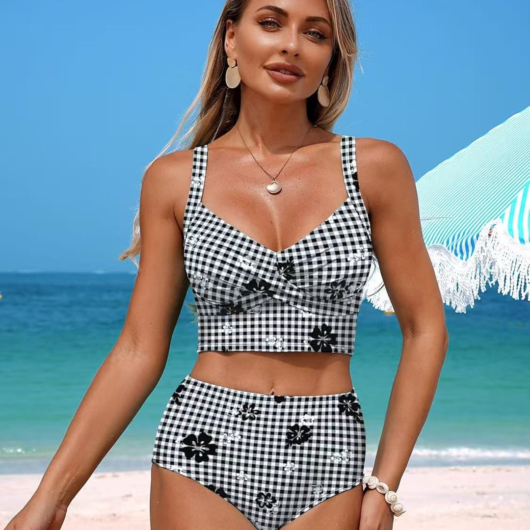 Damen Hochtailliertes Bikini-Set mit modischem Karomuster und Blumenakzenten Drune