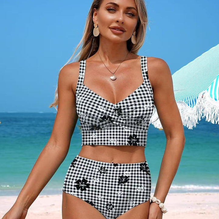 Damen Hochtailliertes Bikini-Set mit modischem Karomuster und Blumenakzenten Drune
