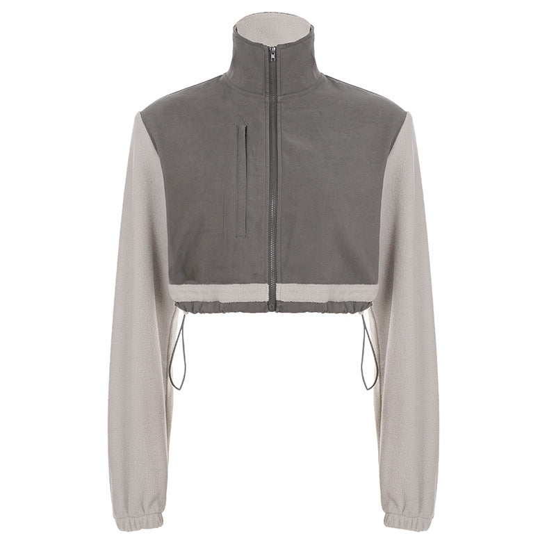 Damen nan kurzes Fleece-Zipjacke mit Stehkragen, Tunnelzugsaum und Brusttasche Drune