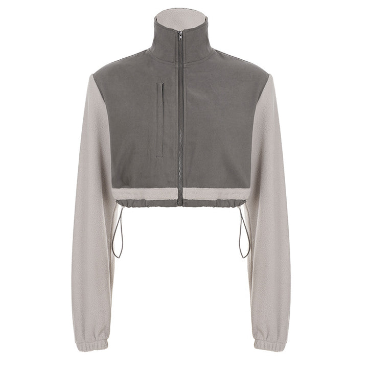 Damen nan kurzes Fleece-Zipjacke mit Stehkragen, Tunnelzugsaum und Brusttasche Drune