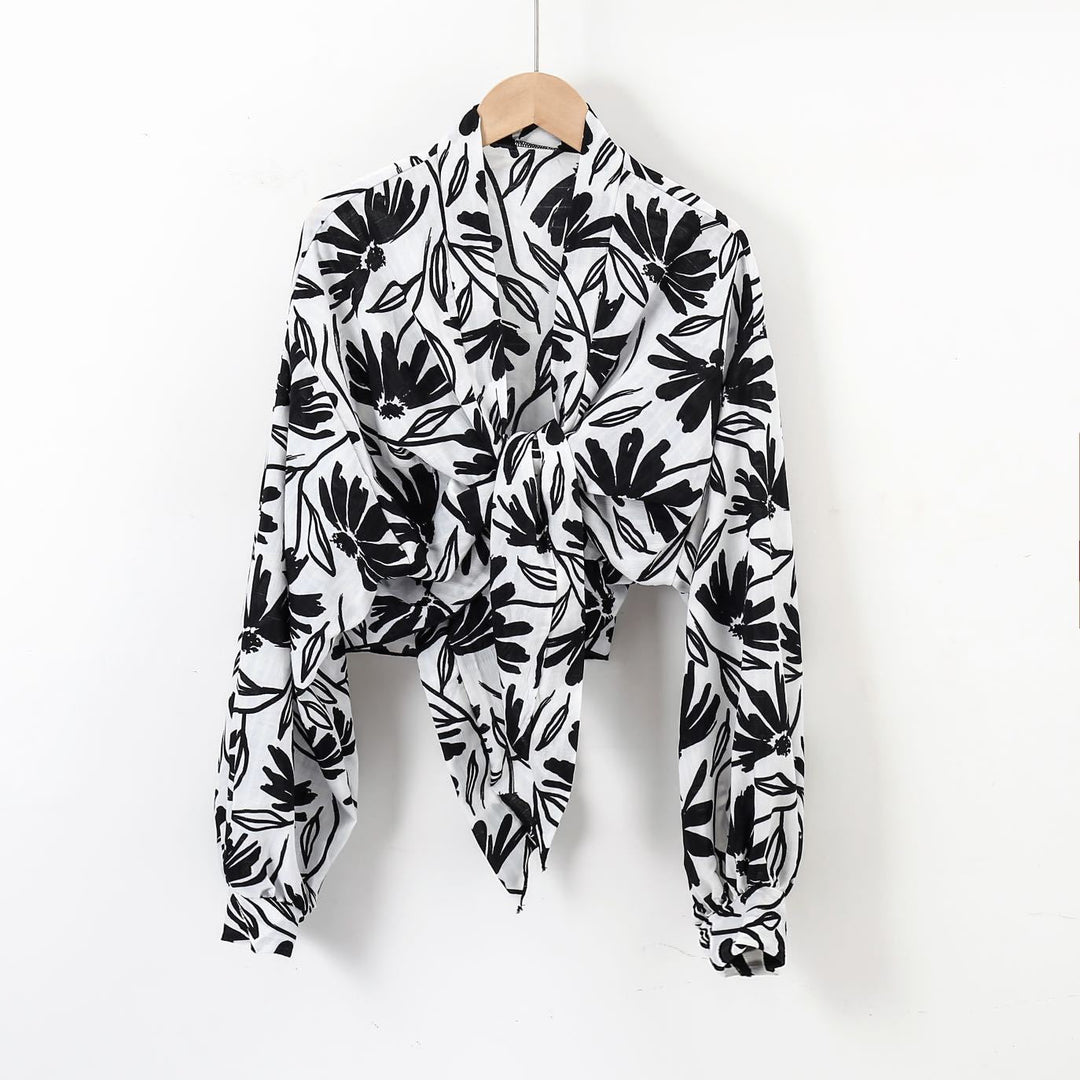 Damen nan florale Knoten-Bluse im Wickelstil mit Ballonärmeln und leichter Leinenoptik Drune
