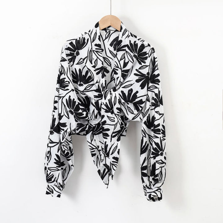 Damen nan florale Knoten-Bluse im Wickelstil mit Ballonärmeln und leichter Leinenoptik Drune