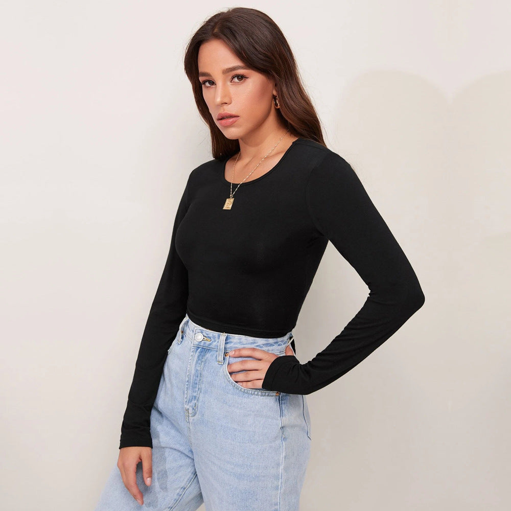 Damen figurbetontes Cropped-Longsleeve mit Sculpting-Passform und Rundhalsausschnitt Drune