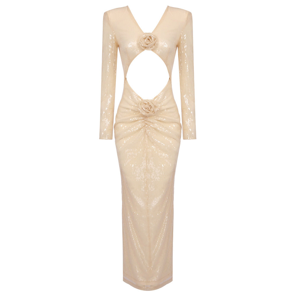 Damen figurumspielendes Abendkleid mit transparenten Cut-Out-Details und edler Rosenapplikation Drune