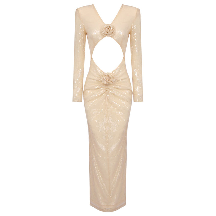 Damen figurumspielendes Abendkleid mit transparenten Cut-Out-Details und edler Rosenapplikation Drune