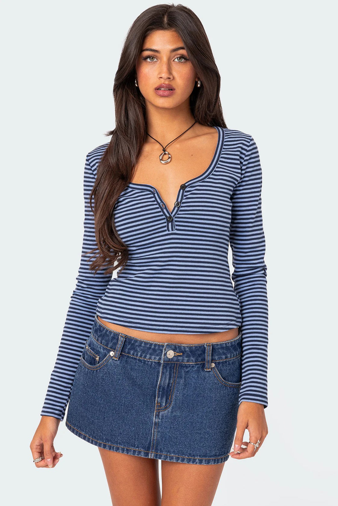 Damen Langarmshirt mit dehnbarem Streifenmuster und figurbetontem Schnitt Drune