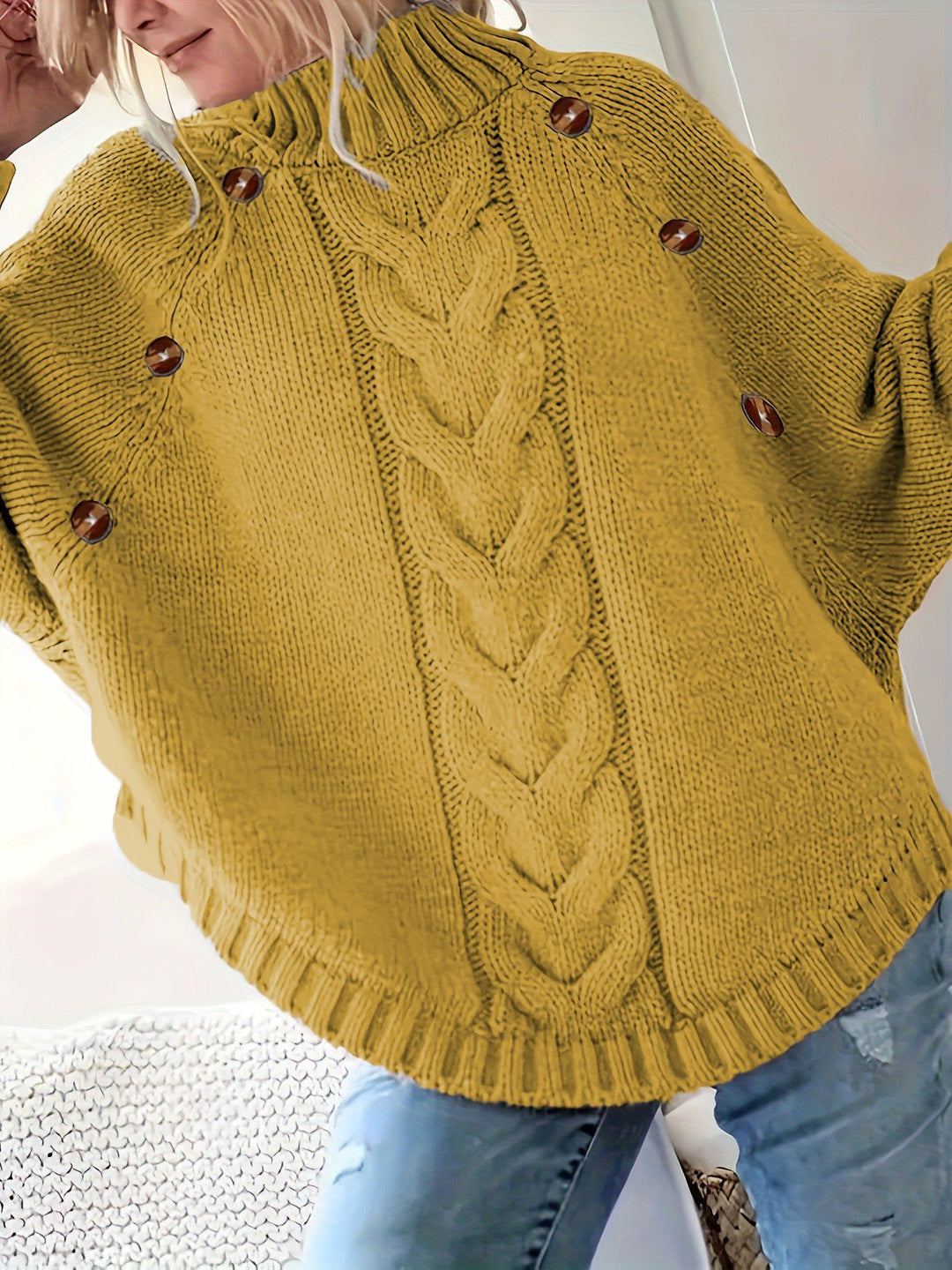 Damen Grober Strickpullover mit hoher Kragenpartie und Knopfdetails Drune