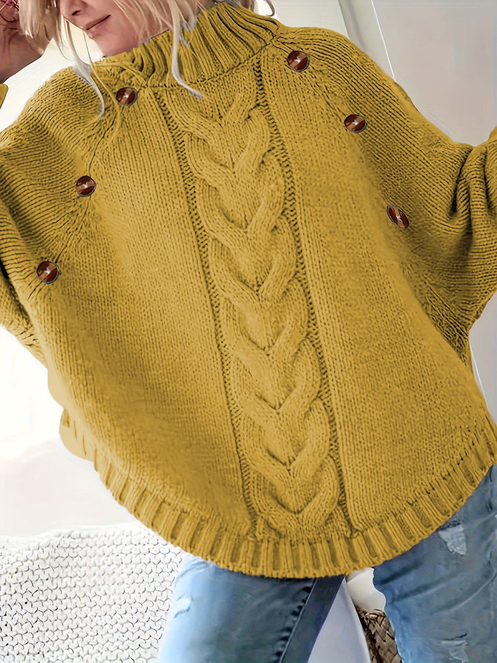 Damen Grober Strickpullover mit hoher Kragenpartie und Knopfdetails Drune