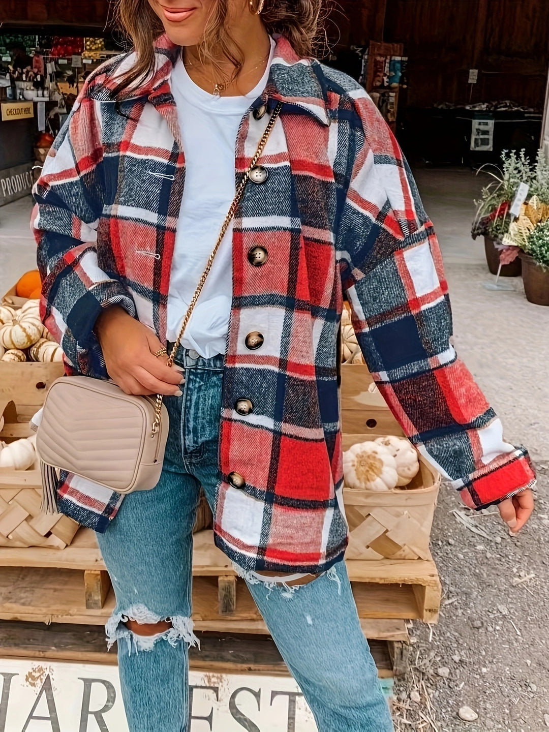 Damen Karojacke mit Knöpfen und modischem Schnitt Drune