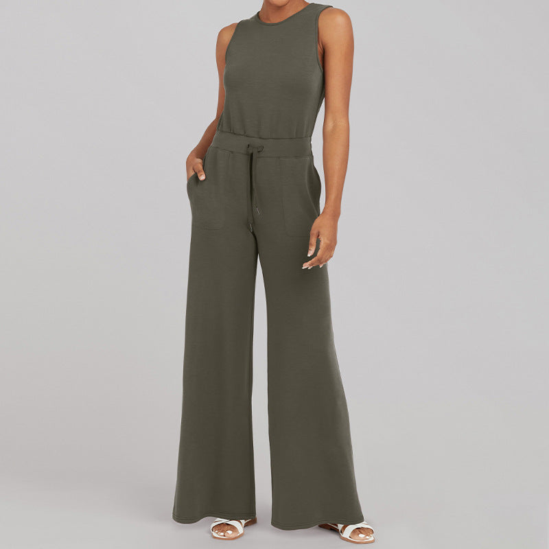 Damen nan ärmelloser Strick-Overall mit weitem Palazzo-Bein, Kordelbund und aufgesetzten Taschen Drune