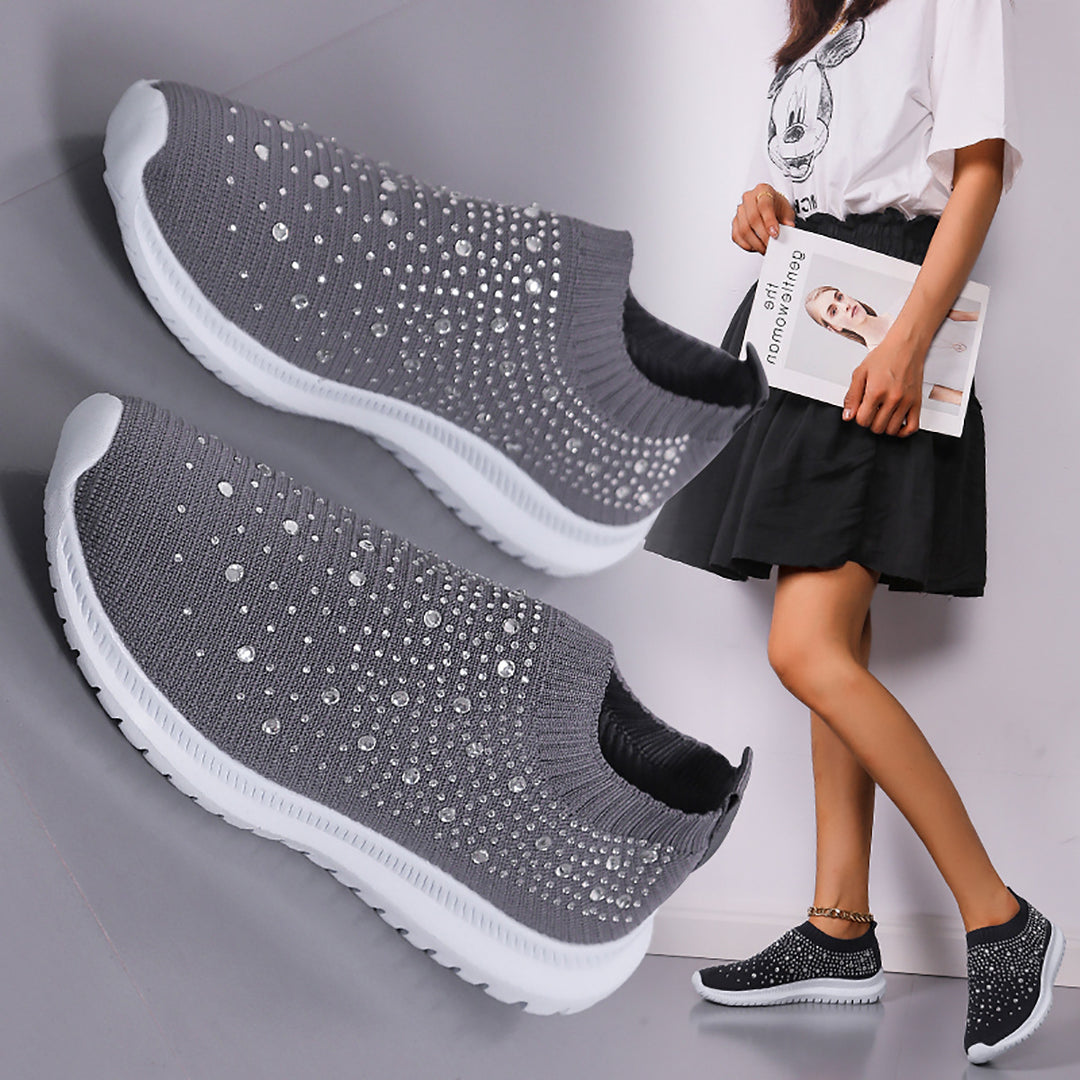 Damen nan gestrickter Slip-On Sneaker mit Strassbesatz, elastischem Schaft und stoßdämpfender EVA-Sohle Drune