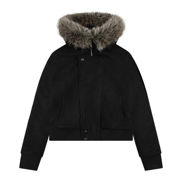Damen nan kurze Lammfelloptik-Bomberjacke mit voluminöser Kapuzenblende und Daumenlochbündchen Drune