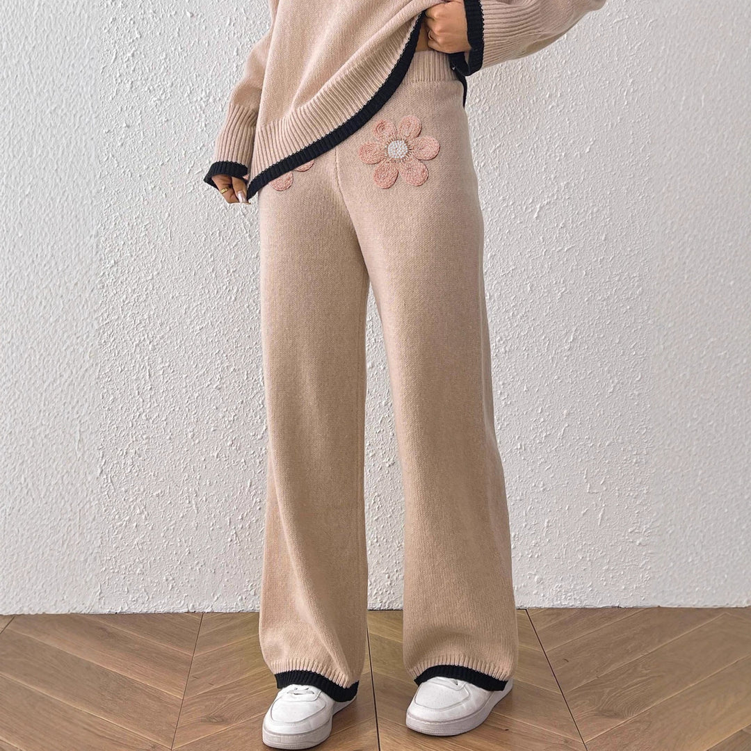Damen bequeme Strickhose mit floralem Applikationsdesign Drune