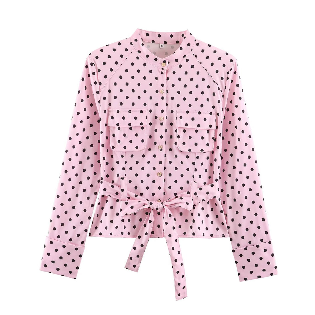 Damen Gepunktete Taillierte Blusenjacke mit Stehkragen, Brusttaschen und Taillenband Drune