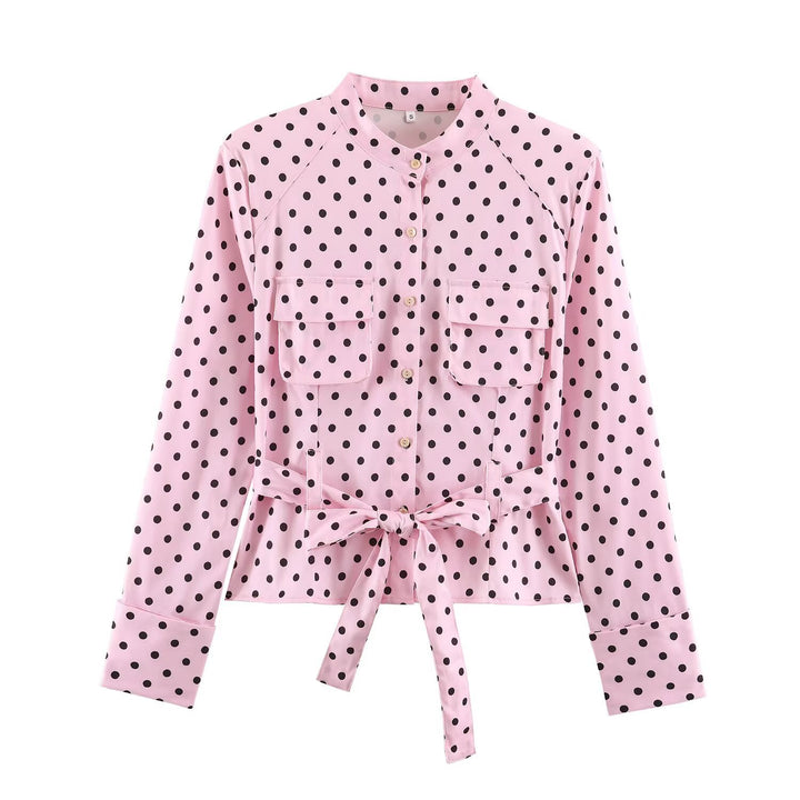 Damen Gepunktete Taillierte Blusenjacke mit Stehkragen, Brusttaschen und Taillenband Drune