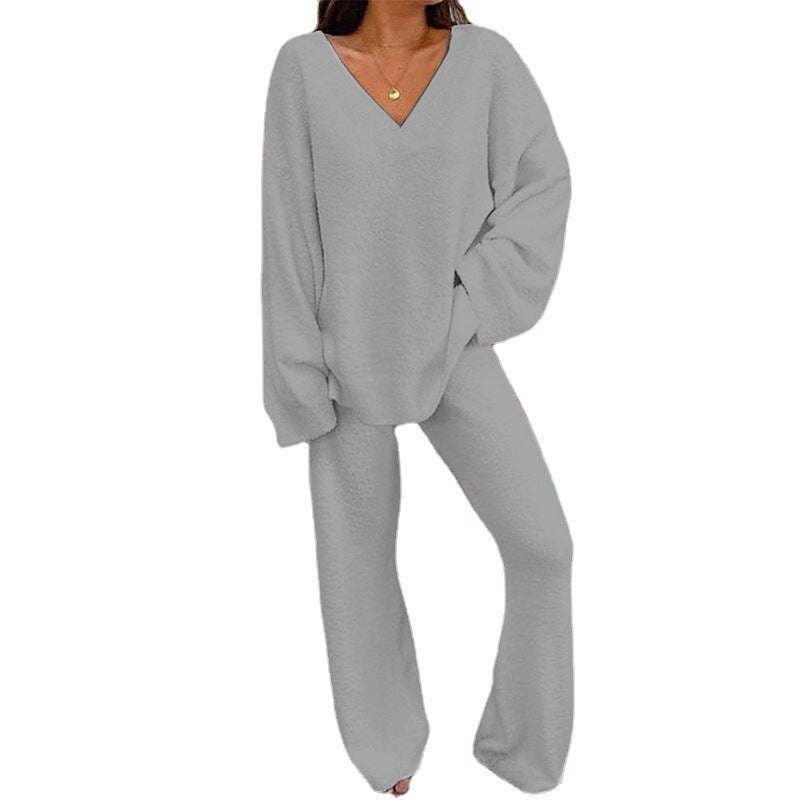 Damen Bequemes Fleece-Loungewear-Set mit V-Ausschnitt Drune