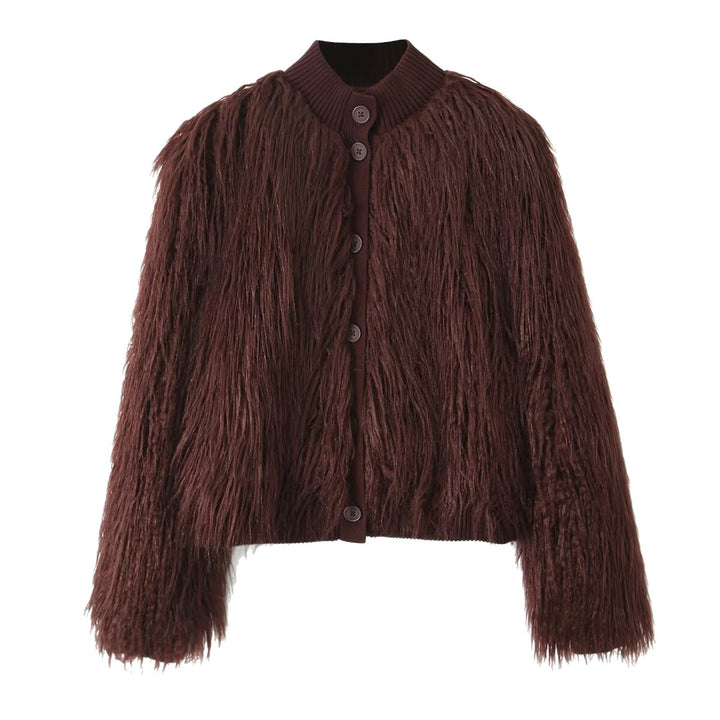 Damen Kurz geschnittene Shaggy-Faux-Fur-Strickjacke mit Rippkragen und Knopfleiste Drune