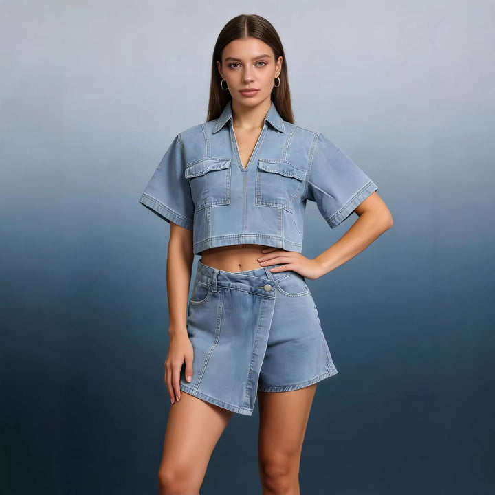 Damen modisches cropped Hemd mit aufgesetzten Taschen und lässigen Shorts Drune
