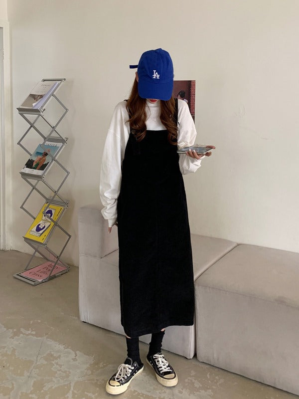 Damen Latzkleid aus weichem Baumwollmaterial mit verstellbaren Trägern und seitlichen Taschen Drune