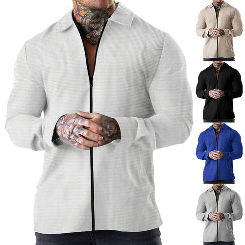 Herren nan strukturiertes Langarm-Hemdjacke mit verdecktem Halbzip, Kentkragen und leichter Waffelstruktur Drune