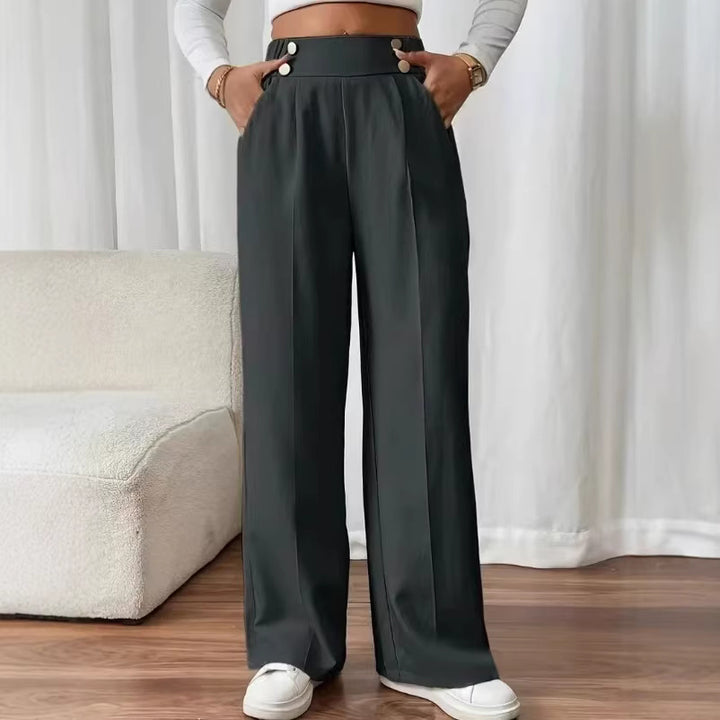 Damen elegante Hochbundhose mit seitlichen Knopfdetails und weitem Bein Drune