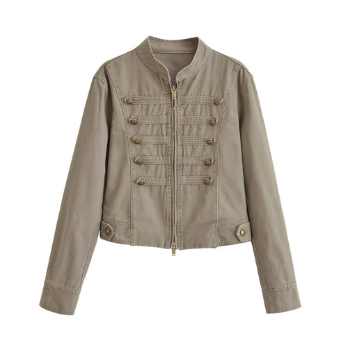 Damen Kurzjacke im Army‑Look aus Baumwoll‑Twill mit Stehkragen und dekorativen Zierriegeln Drune