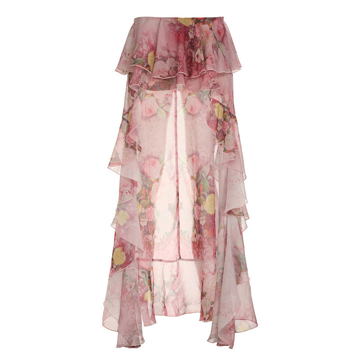 Damen floraler asymmetrischer Rock mit Rüschendetails Drune