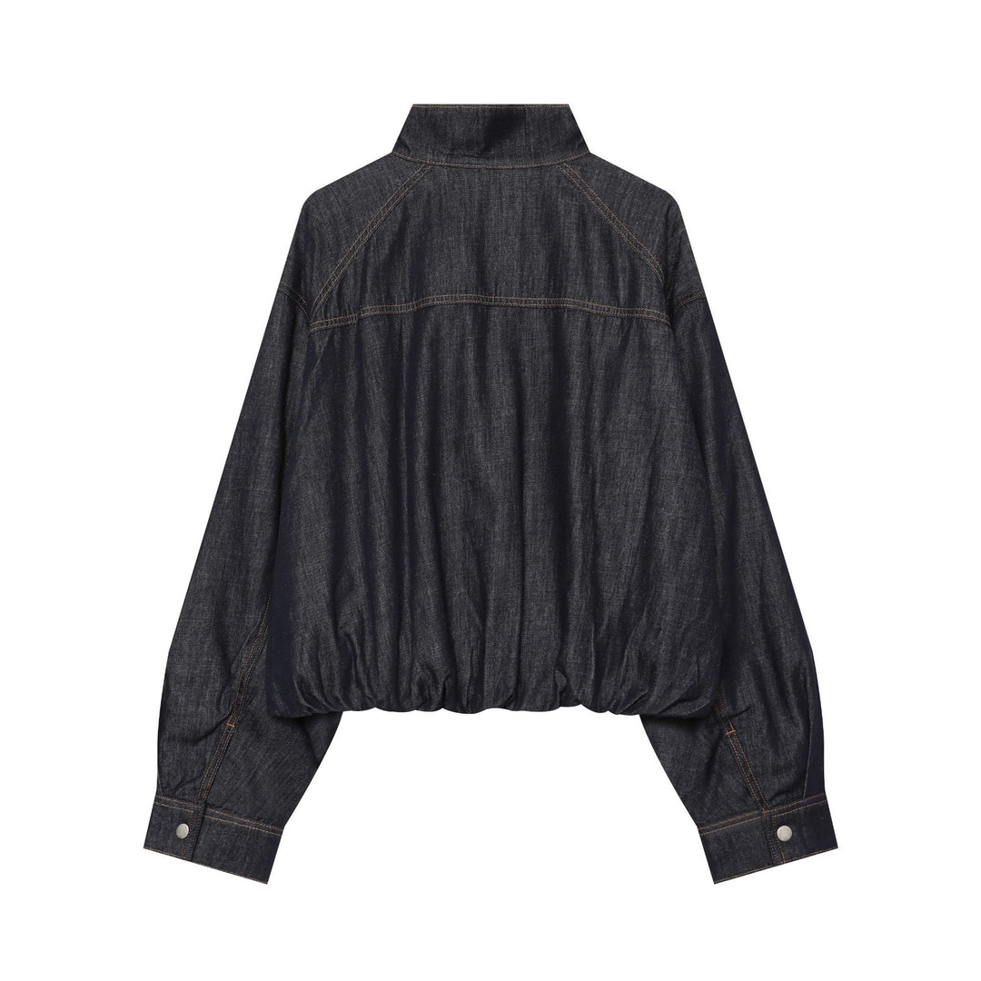 Damen Cropped Jeansjacke mit Stehkragen, Taillengürtel und elastischem Saum Drune